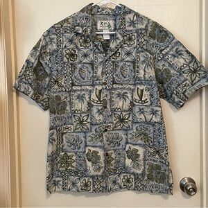 Kys Cotton Geometric Hawaiian Shirt Mens Size L Blue Green‎ Boats 100% cotton